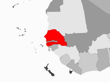 Senegal kırmızı şeffaf okyanuslar ile gri siyasi harita üzerinde. 3D çizim.