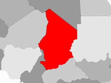 Chad kırmızı şeffaf okyanuslar ile gri siyasi harita üzerinde. 3D çizim.