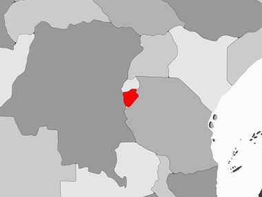 Burundi kırmızı şeffaf okyanuslar ile gri siyasi harita üzerinde. 3D çizim.
