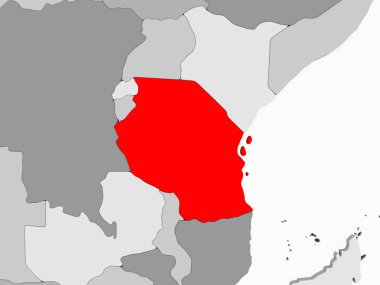 Şeffaf okyanuslar ile gri siyasi haritada kırmızı Tanzanya'da. 3D çizim.