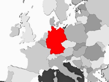 Şeffaf okyanuslar ile gri siyasi haritada kırmızı Almanya'da. 3D çizim.