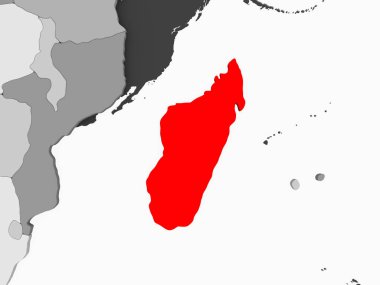 Madagaskar kırmızı şeffaf okyanuslar ile gri siyasi harita üzerinde. 3D çizim.