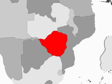 Şeffaf okyanuslar ile gri siyasi haritada kırmızı Zimbabve. 3D çizim.