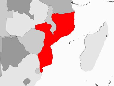 Şeffaf okyanuslar ile gri siyasi haritada kırmızı Mozambik. 3D çizim.