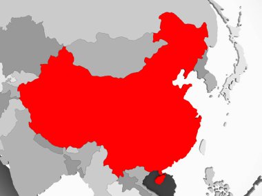 Çin kırmızı şeffaf okyanuslar ile gri siyasi harita üzerinde. 3D çizim.