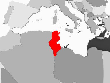 Tunus kırmızı şeffaf okyanuslar ile gri siyasi harita üzerinde. 3D çizim.