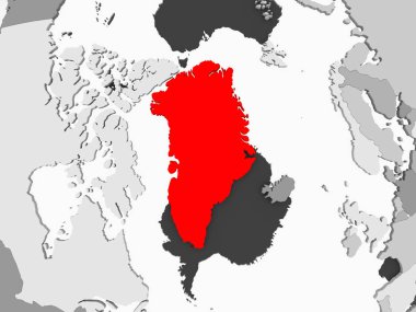 Grönland'şeffaf okyanuslar ile gri siyasi haritada kırmızı. 3D çizim.