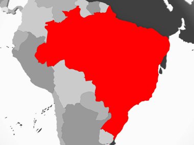 Şeffaf okyanuslar ile gri siyasi haritada kırmızı Brezilya'da. 3D çizim.