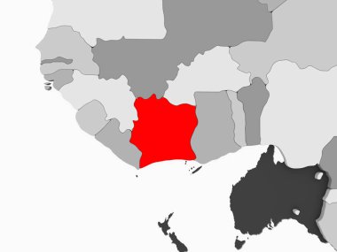 Fildişi Sahili kırmızı şeffaf okyanuslar ile gri siyasi harita üzerinde. 3D çizim.