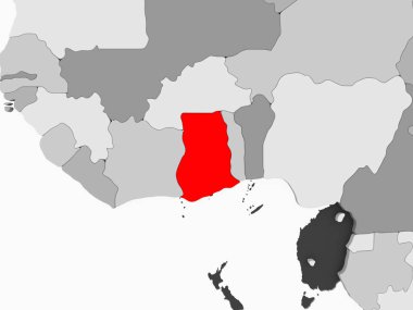 Şeffaf okyanuslar ile gri siyasi haritada kırmızı Gana. 3D çizim.