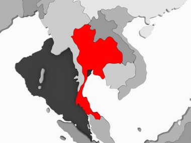 Tayland kırmızı şeffaf okyanuslar ile gri siyasi harita üzerinde. 3D çizim.