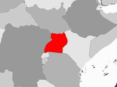 Şeffaf okyanuslar ile gri siyasi haritada kırmızı Uganda'da. 3D çizim.