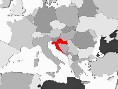 Hırvatistan kırmızı şeffaf okyanuslar ile gri siyasi harita üzerinde. 3D çizim.
