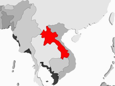 Laos kırmızı şeffaf okyanuslar ile gri siyasi harita üzerinde. 3D çizim.
