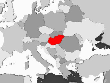 Şeffaf okyanuslar ile gri siyasi haritada kırmızı Macaristan'da. 3D çizim.