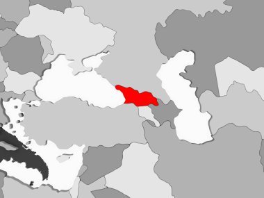 Gürcistan'da şeffaf okyanuslar ile gri siyasi haritada kırmızı. 3D çizim.