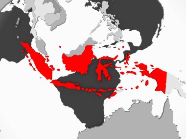 Endonezya kırmızı şeffaf okyanuslar ile gri siyasi harita üzerinde. 3D çizim.