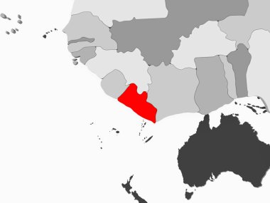 Liberya kırmızı şeffaf okyanuslar ile gri siyasi harita üzerinde. 3D çizim.