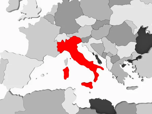 透明な海と灰色の政治地図の赤でイタリア イラストレーション — ストック写真