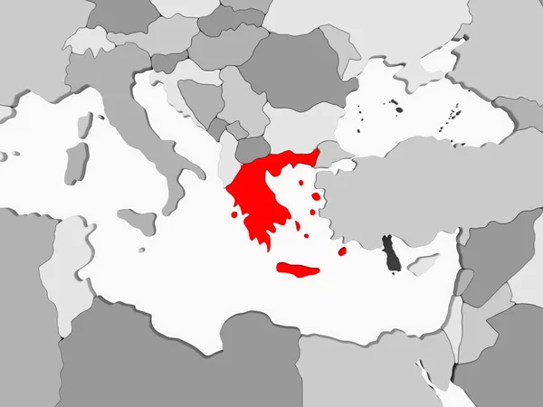 希腊以红色的灰色政治地图与透明的海洋 — 图库照片
