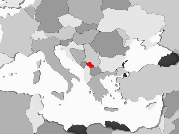 以红色的科索沃在灰色政治地图与透明的海洋 — 图库照片