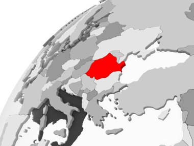 Romanya haritası kırmızı şeffaf okyanuslar ile gri siyasi dünya üzerinde. 3D çizim.