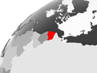 Fransız Guyanası Haritası kırmızı şeffaf okyanuslar ile gri siyasi dünya üzerinde. 3D çizim.