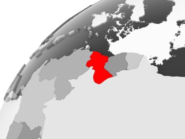 Guyana Haritası kırmızı şeffaf okyanuslar ile gri siyasi dünya üzerinde. 3D çizim.