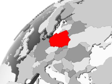 Polonya haritası kırmızı şeffaf okyanuslar ile gri siyasi dünya üzerinde. 3D çizim.