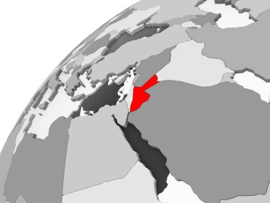 Ürdün Haritası kırmızı şeffaf okyanuslar ile gri siyasi dünya üzerinde. 3D çizim.