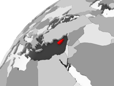 Kıbrıs haritası kırmızı şeffaf okyanuslar ile gri siyasi dünya üzerinde. 3D çizim.