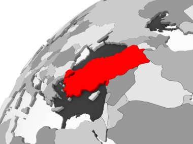 Türkiye Haritası kırmızı şeffaf okyanuslar ile gri siyasi dünya üzerinde. 3D çizim.