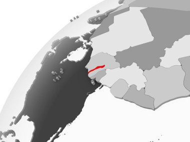 Gambiya Haritası kırmızı şeffaf okyanuslar ile gri siyasi dünya üzerinde. 3D çizim.