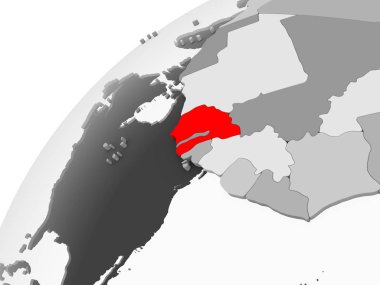 Senegal haritası kırmızı şeffaf okyanuslar ile gri siyasi dünya üzerinde. 3D çizim.