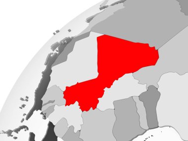 Mali Haritası kırmızı şeffaf okyanuslar ile gri siyasi dünya üzerinde. 3D çizim.