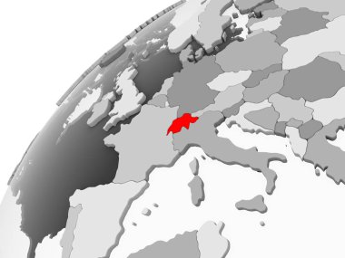 İsviçre haritası kırmızı şeffaf okyanuslar ile gri siyasi dünya üzerinde. 3D çizim.