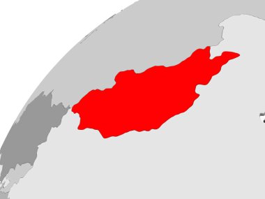 Moğolistan haritası kırmızı şeffaf okyanuslar ile gri siyasi dünya üzerinde. 3D çizim.
