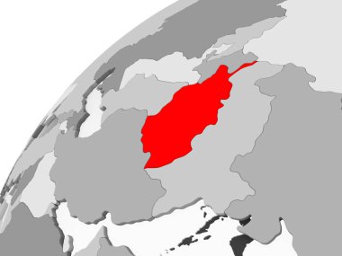 Afganistan Haritası kırmızı şeffaf okyanuslar ile gri siyasi dünya üzerinde. 3D çizim.