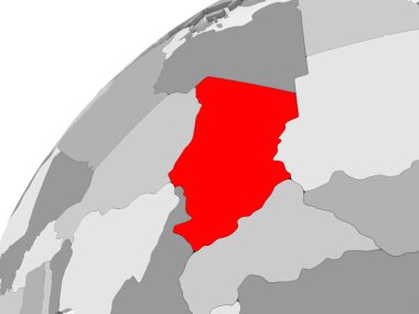 Çad Haritası kırmızı şeffaf okyanuslar ile gri siyasi dünya üzerinde. 3D çizim.