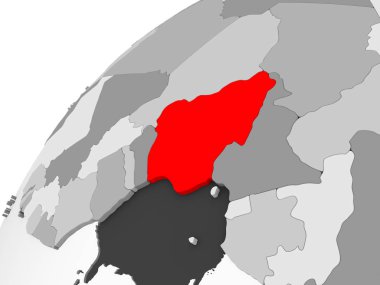 Nijerya Haritası kırmızı şeffaf okyanuslar ile gri siyasi dünya üzerinde. 3D çizim.