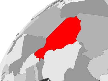 Nijer Haritası kırmızı şeffaf okyanuslar ile gri siyasi dünya üzerinde. 3D çizim.