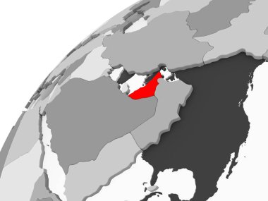 Birleşik Arap Emirlikleri Haritası kırmızı şeffaf okyanuslar ile gri siyasi dünya üzerinde. 3D çizim.