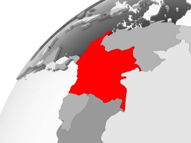 Kolombiya Haritası kırmızı şeffaf okyanuslar ile gri siyasi dünya üzerinde. 3D çizim.