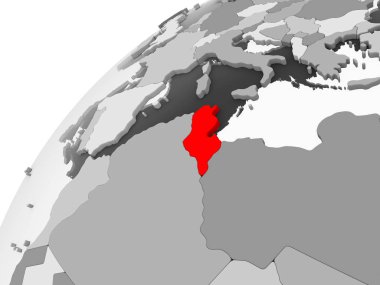 Tunus haritası kırmızı şeffaf okyanuslar ile gri siyasi dünya üzerinde. 3D çizim.