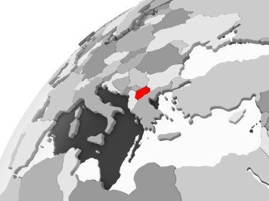 Makedonya haritası kırmızı şeffaf okyanuslar ile gri siyasi dünya üzerinde. 3D çizim.