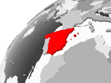 İspanya Haritası kırmızı şeffaf okyanuslar ile gri siyasi dünya üzerinde. 3D çizim.