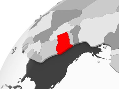 Gana Haritası kırmızı şeffaf okyanuslar ile gri siyasi dünya üzerinde. 3D çizim.