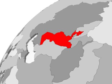 Özbekistan Haritası kırmızı şeffaf okyanuslar ile gri siyasi dünya üzerinde. 3D çizim.