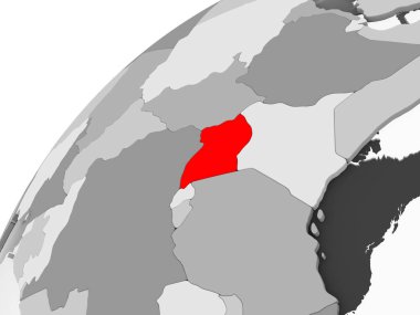 Uganda Haritası kırmızı şeffaf okyanuslar ile gri siyasi dünya üzerinde. 3D çizim.