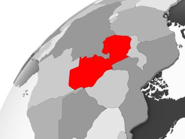 Zambiya Haritası kırmızı şeffaf okyanuslar ile gri siyasi dünya üzerinde. 3D çizim.
